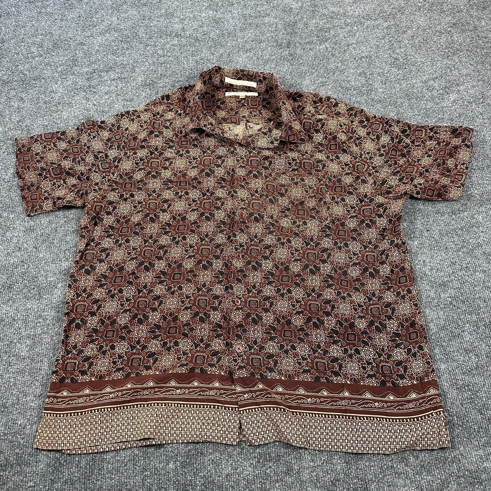 Perry Ellis Shirt Mens XL Brown Silk Floral Short Sleeve Button Up Casual